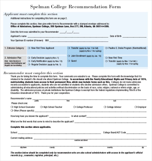 spellman college recommendation form pdf free download