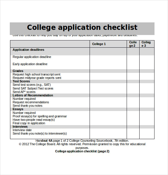 college application checklist word format download