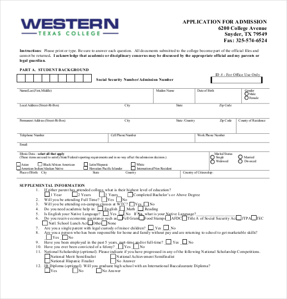 Printable Sample College Application Form Printable Forms Free Online