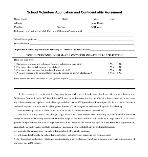 printable school volunteer application agreement download