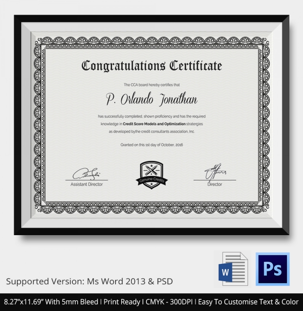 Congratulations Certificate Template - 10+ Word, PSD, Documents ...