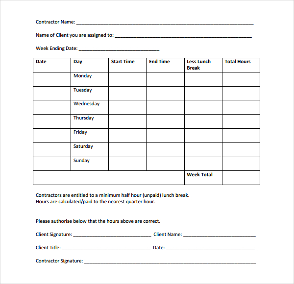 sub contractor timesheet template pdf download