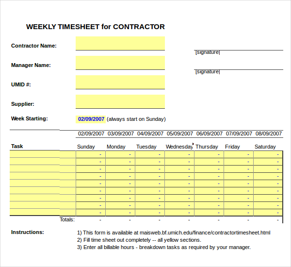 ms excel contractor timesheet template download