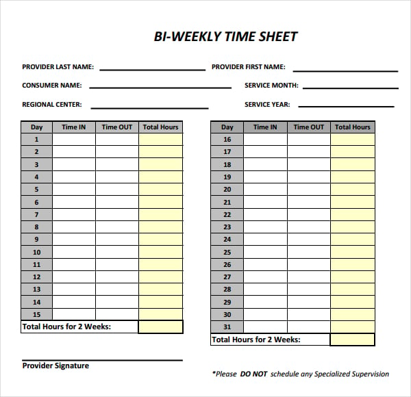 Biweekly Timesheet Template 12+ Free Word, Excel, PDF Documents
