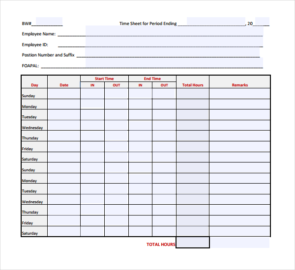 Free Printable Biweekly Time Card