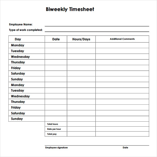 employee bi weekly timesheet template download in pdf