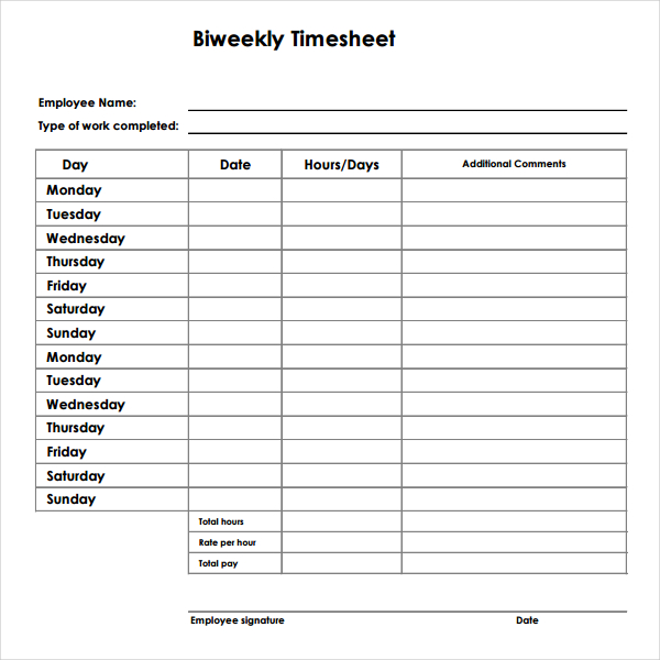 Bi-weekly Timesheet Template – 12+ Free Word, Excel, PDF Documents Download