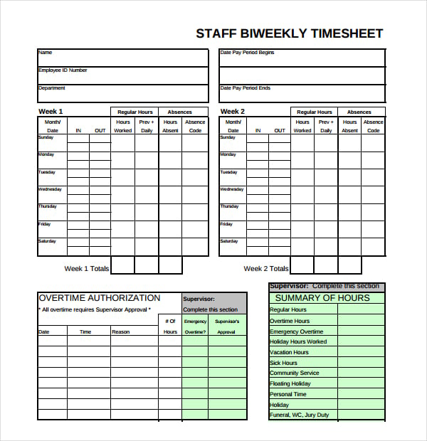 staff bi weekly timesheet template download in pdf