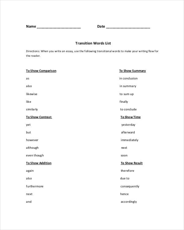 simple transition words common core pdf format download