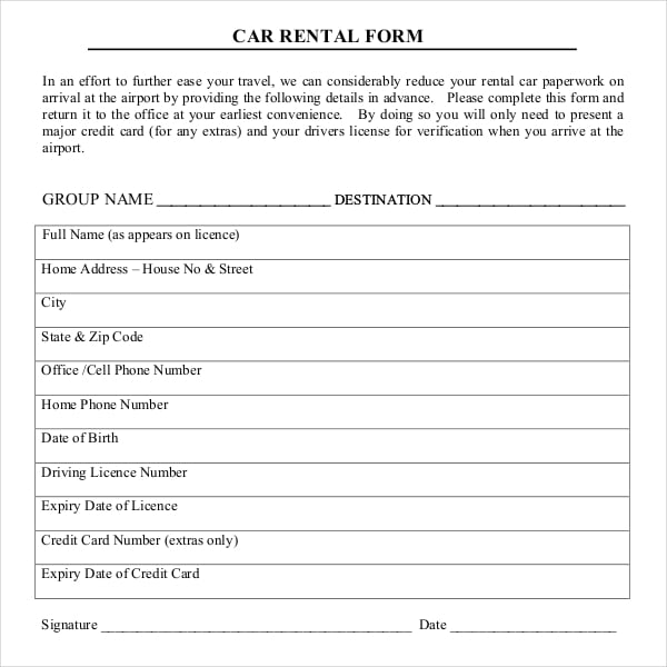 car rental application form
