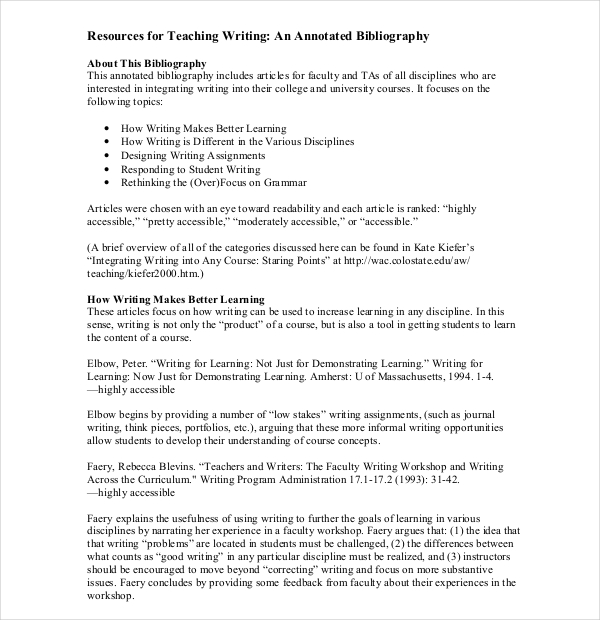 writing of teaching annotated bibliography template pdf format free download