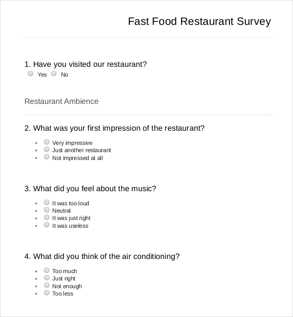 fast food restaurant survey template free download