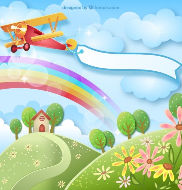 spring rainbow background with a plane