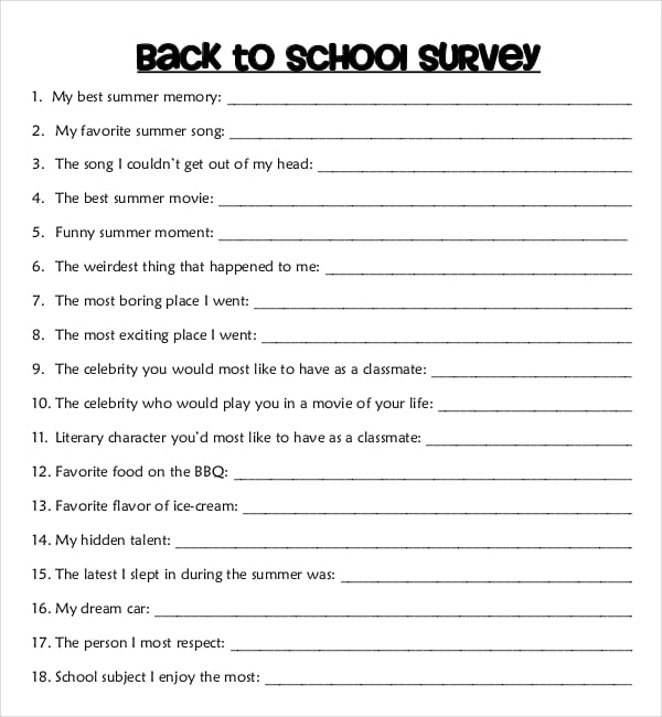 pdf template for fun back to school student survey