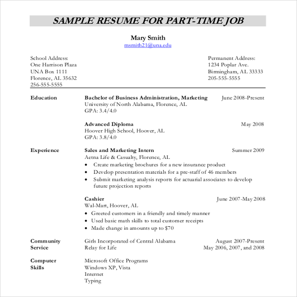 sample resume for part time jobs