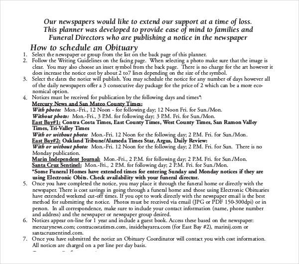 11+ Obituary Writing Template Free Sample, Example Format Download