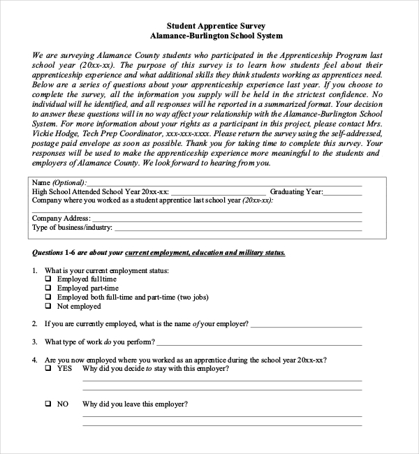 sample student apprentice survey template download