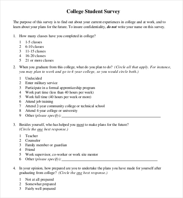 college student survey example format