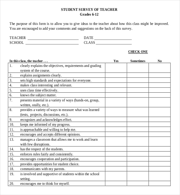 document to download student survey of teacher