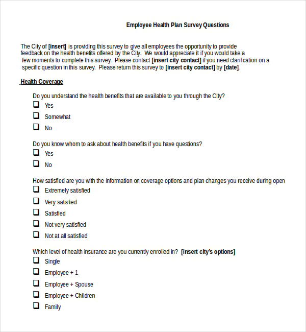 employee health plan survey questions word document