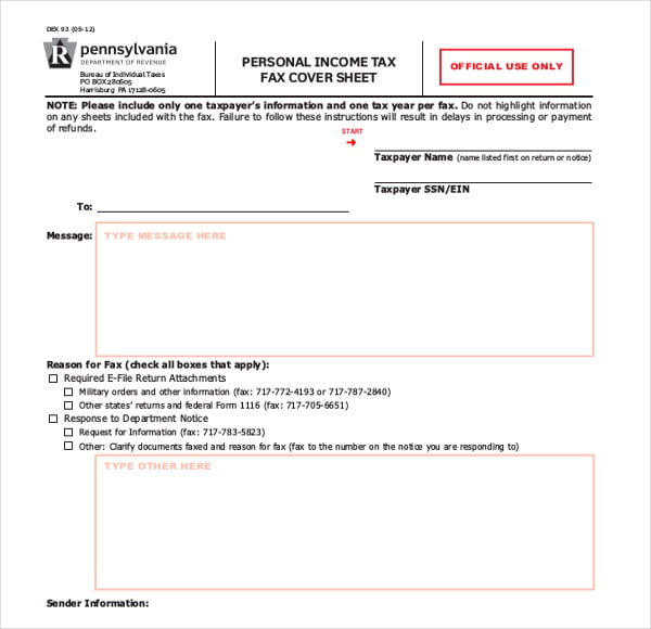 personal income tax fax cover template1