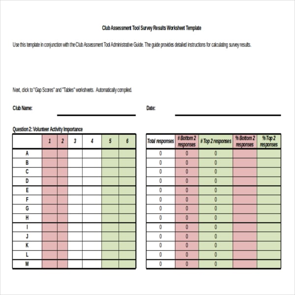 club assessment tool survey results worksheet excel template