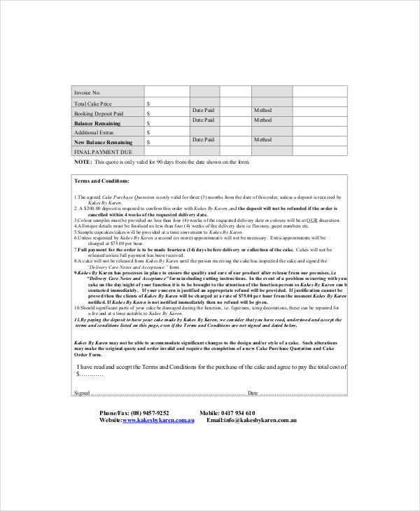 Cake Invoice Template