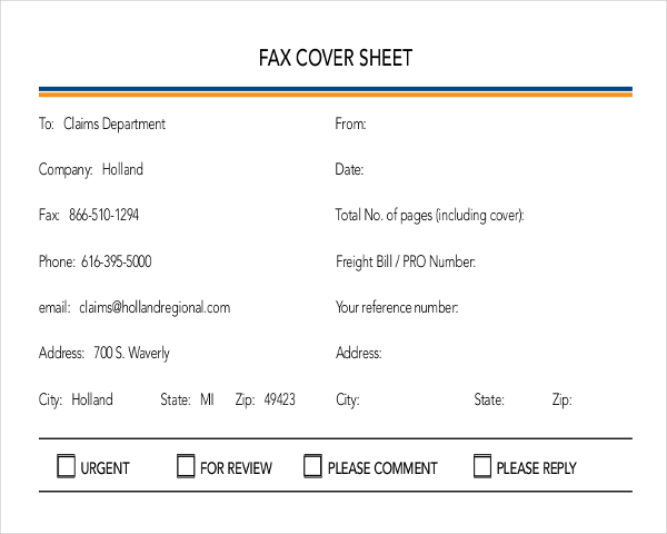 damage claim fax cover template example