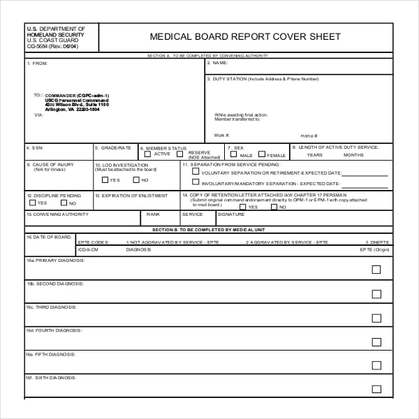 medical board sample report cover sheet template