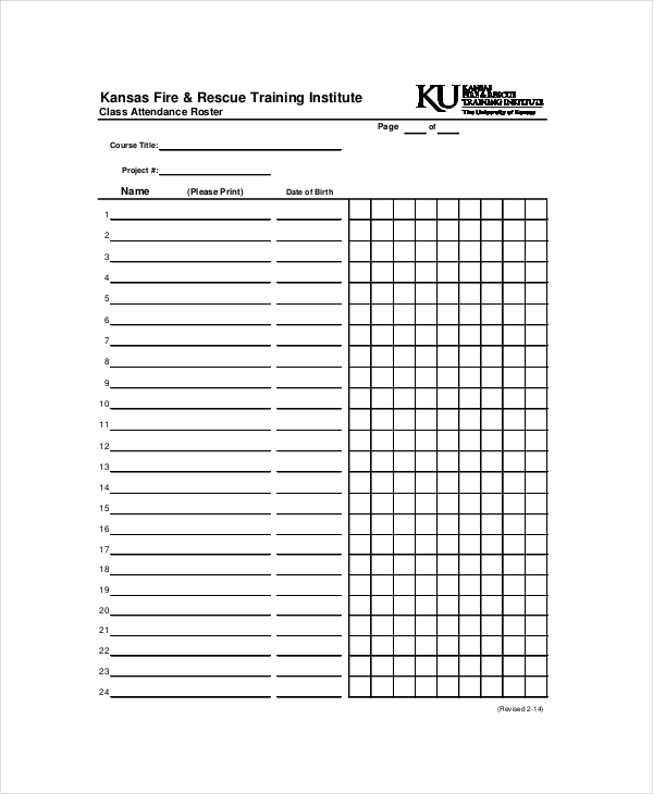 Attendance Roster Template 7 Free Word PDF Documents Download