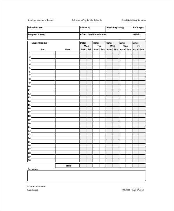 snack attendance roster template