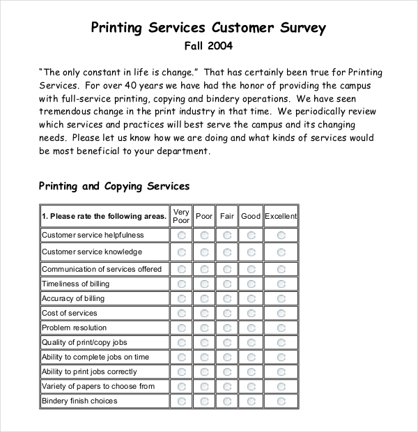 printing services customer survey example template