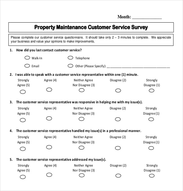 property maintenance customer service survey pdf template