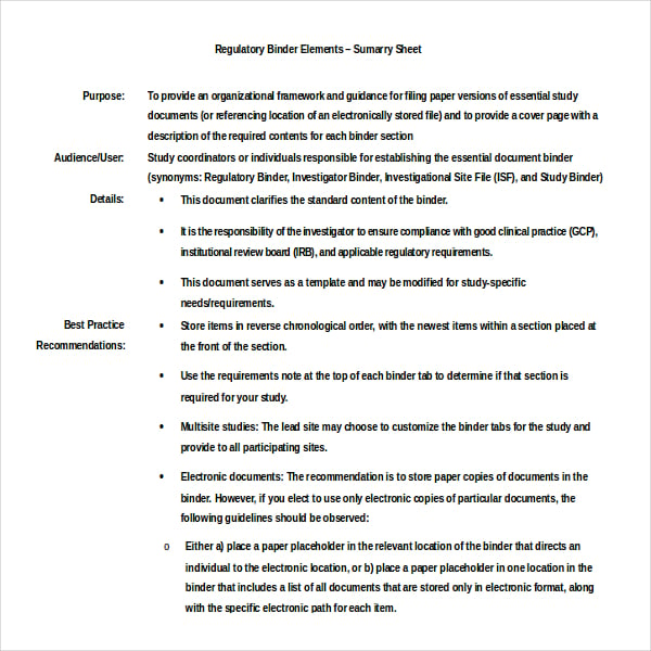 regulatory binder elements template example 