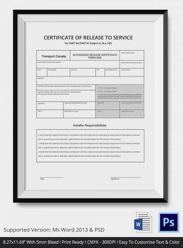 Certificate of Release to Service