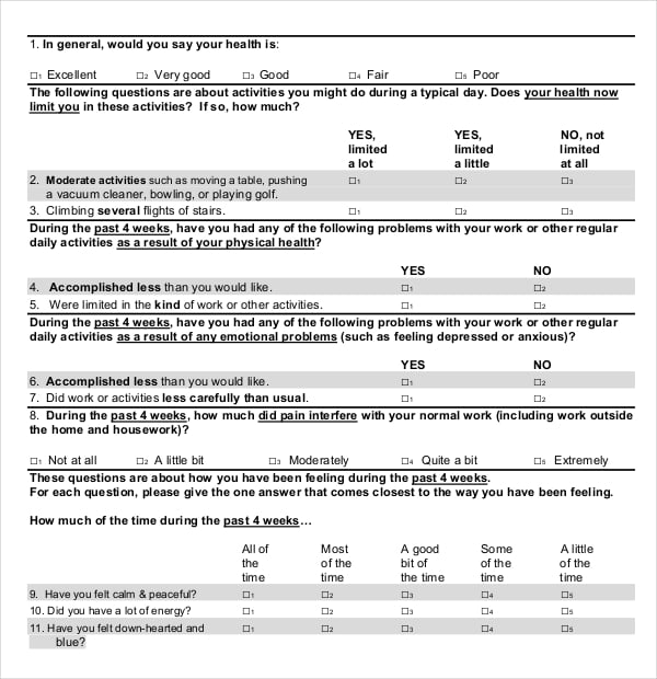 health survey questions template in pdf