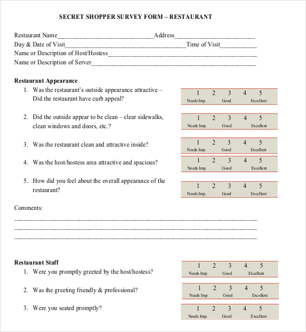 sample restaurant survey template free download