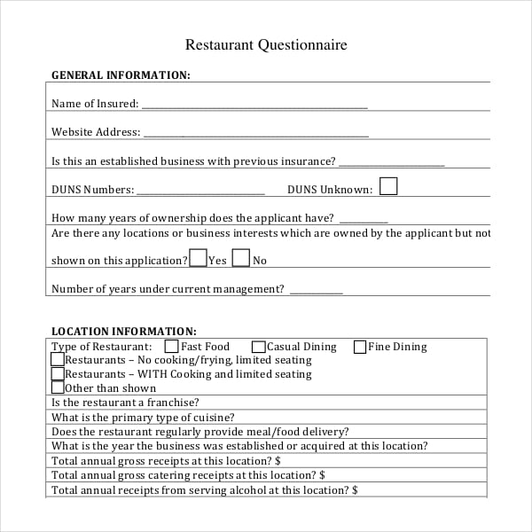 restaurant survey questionnaire sample template