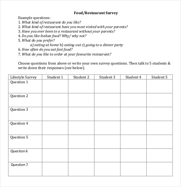 restaurant food survey example template