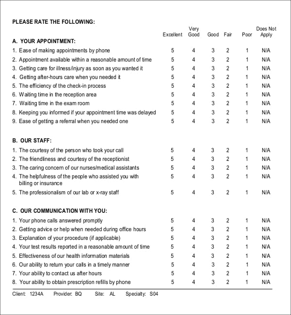 example patient satisfaction survey template