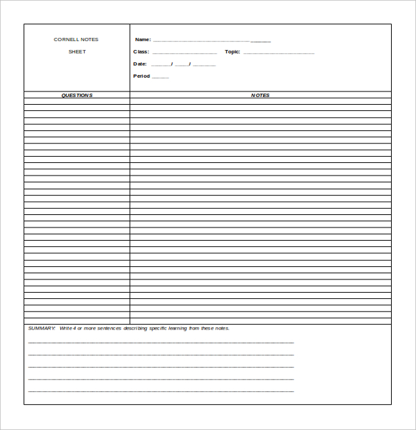 11+ Cornell Note Templates   Free Sample, Example, Format