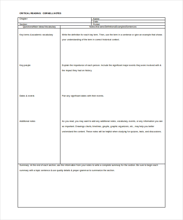 11+ Cornell Note Templates Free Sample, Example, Format