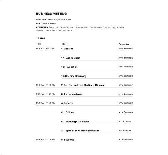 business agenda template