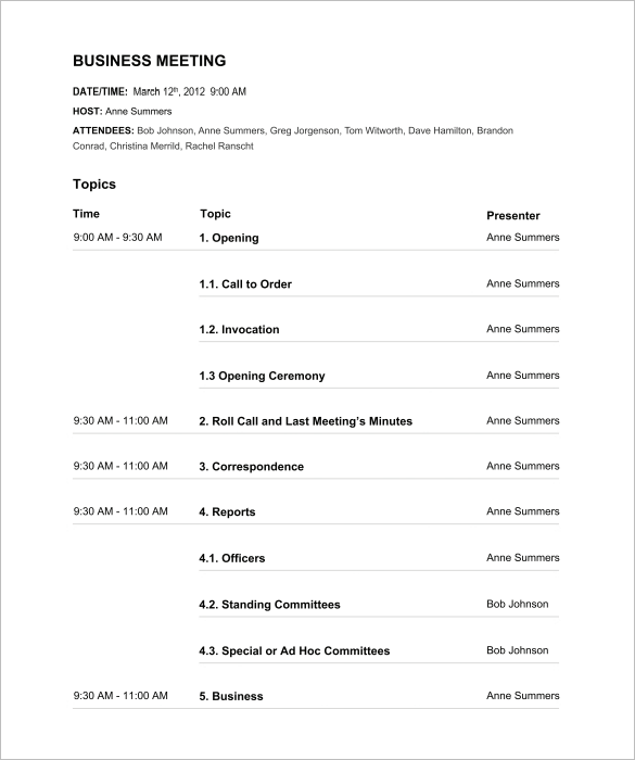 regular business meeting agenda template pdf example
