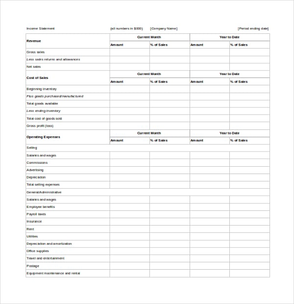 monthly income statement template