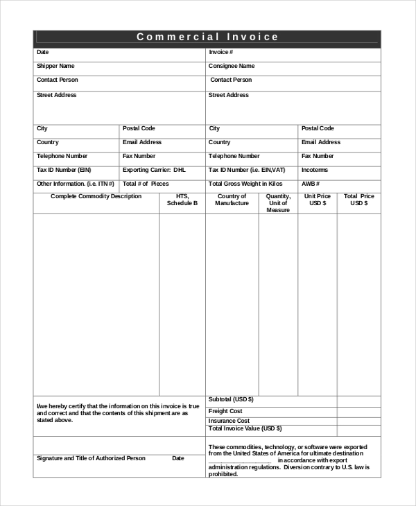 shipping commercial invoice template