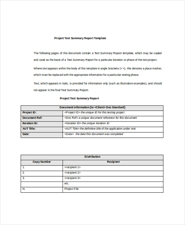 project test summary report template