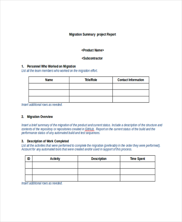 migration project summary report template