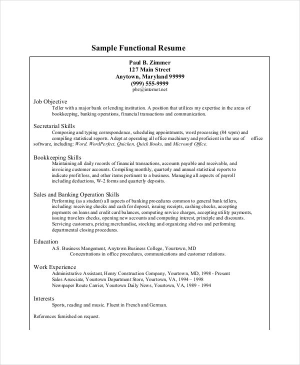 resume format for bank teller position