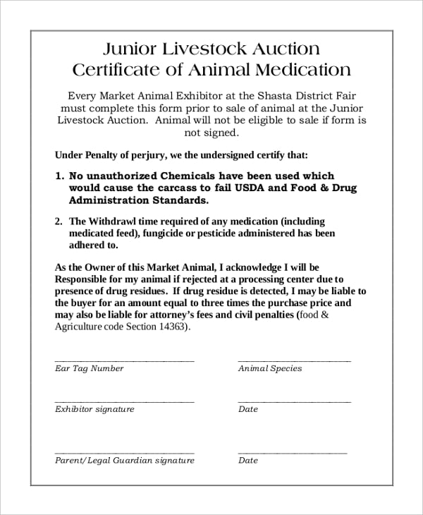 junior livestock auction certificate of animal medication